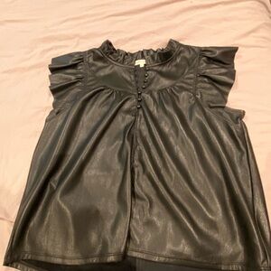Girls Black Faux Leather Ruffle Sleeve Blouse